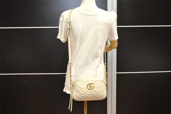 Authentic GUCCI GG Marmont Chain Shoulder Cross Body Bag Leather White 2123I