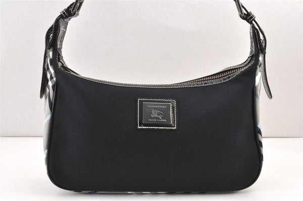 Authentic BURBERRY BLUE LABEL Check Shoulder Hand Bag Canvas Enamel Black 2132K