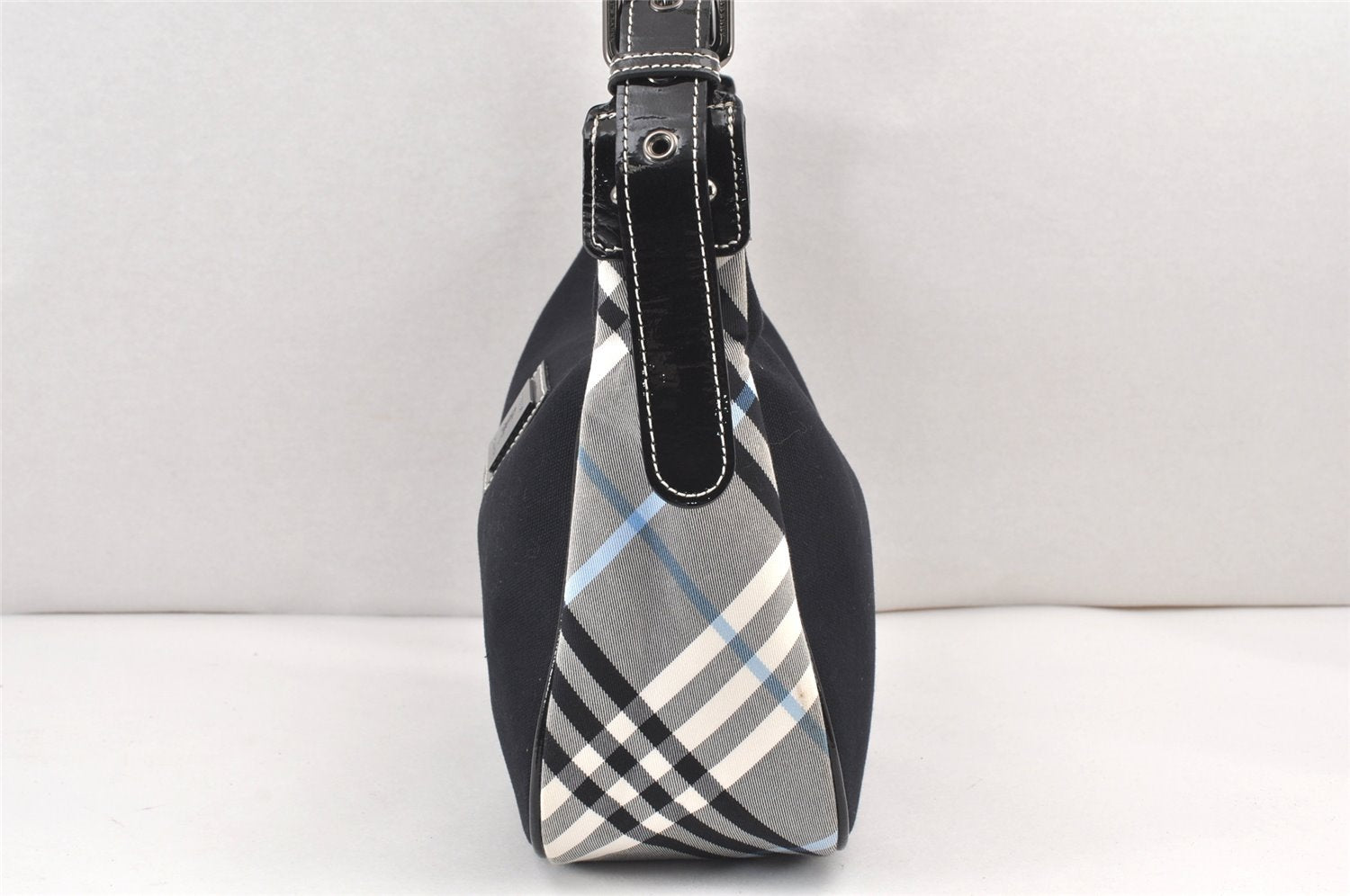 Authentic BURBERRY BLUE LABEL Check Shoulder Hand Bag Canvas Enamel Black 2132K