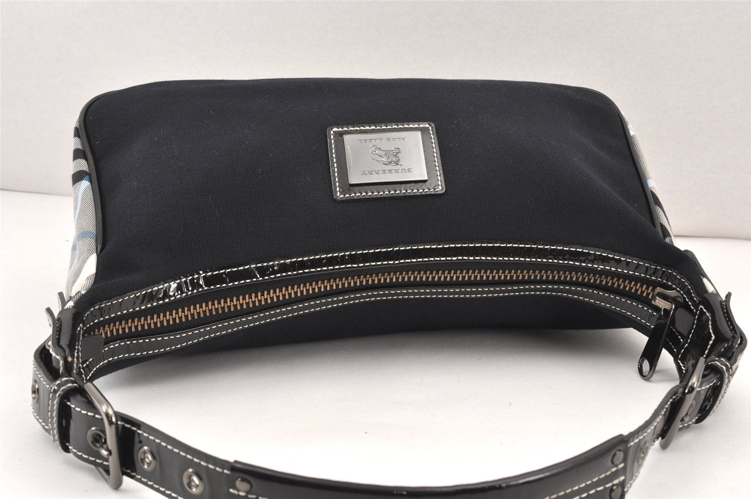 Authentic BURBERRY BLUE LABEL Check Shoulder Hand Bag Canvas Enamel Black 2132K