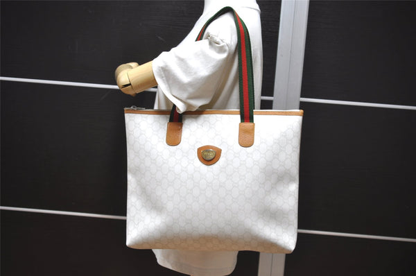 Authentic GUCCI Web Sherry Line GG Plus Tote Bag PVC Leather White 2134I