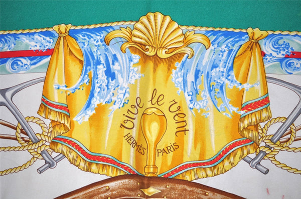 Authentic HERMES Carre 90 Scarf "vive le vent" Silk Green 2138I