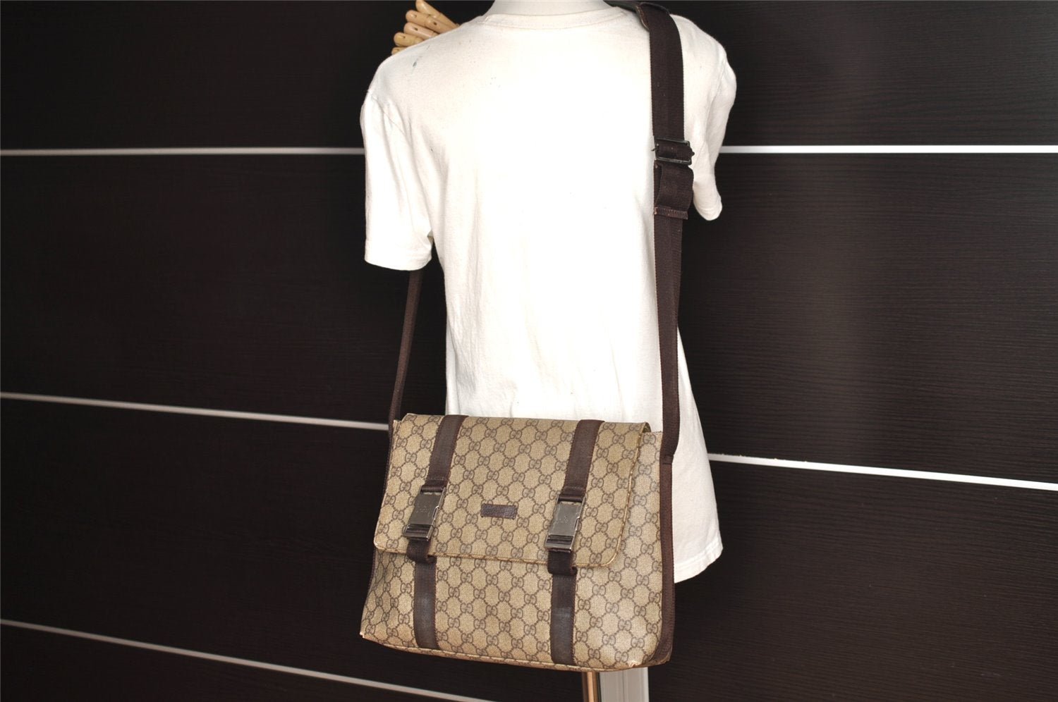 Authentic GUCCI Shoulder Cross Body Bag GG PVC Leather 122373 Brown 2143I