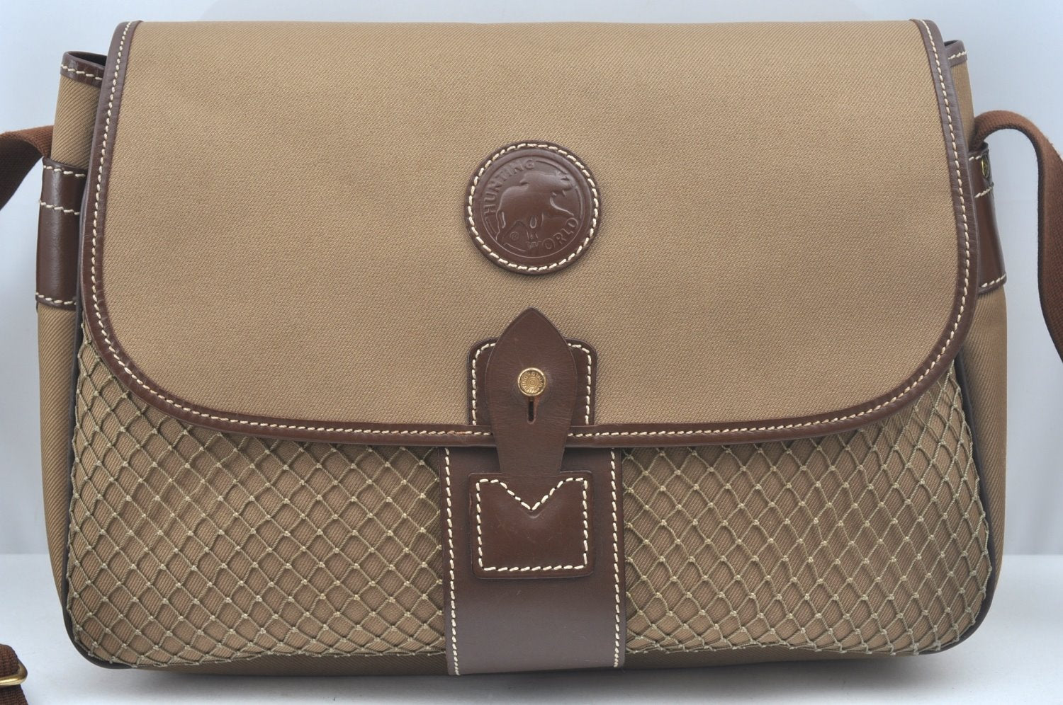 Authentic HUNTING WORLD Logo Shoulder Cross Body Bag Canvas Leather Brown 2143J