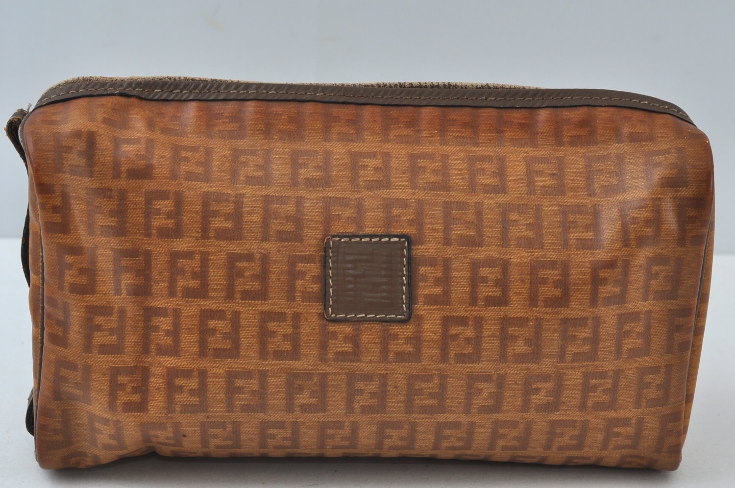 Authentic FENDI Vintage Zucchino Clutch Bag Purse PVC Leather Brown 2144J