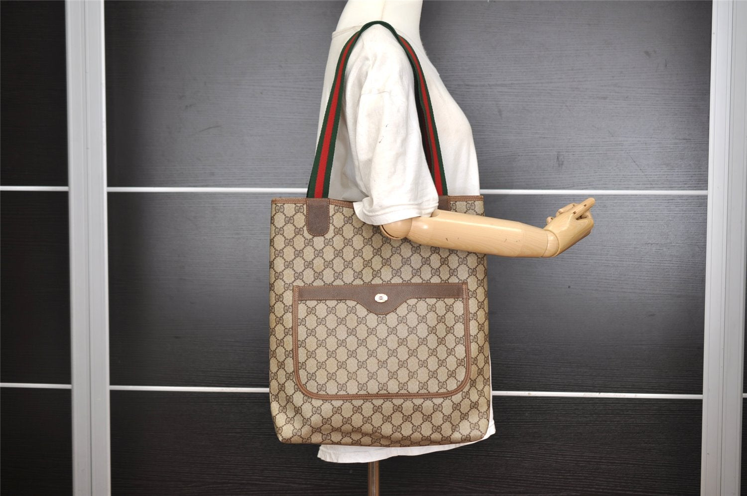 Authentic GUCCI Web Sherry Line Shoulder Tote Bag GG PVC Leather Brown 2147I