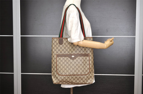 Authentic GUCCI Web Sherry Line Shoulder Tote Bag GG PVC Leather Brown 2147I