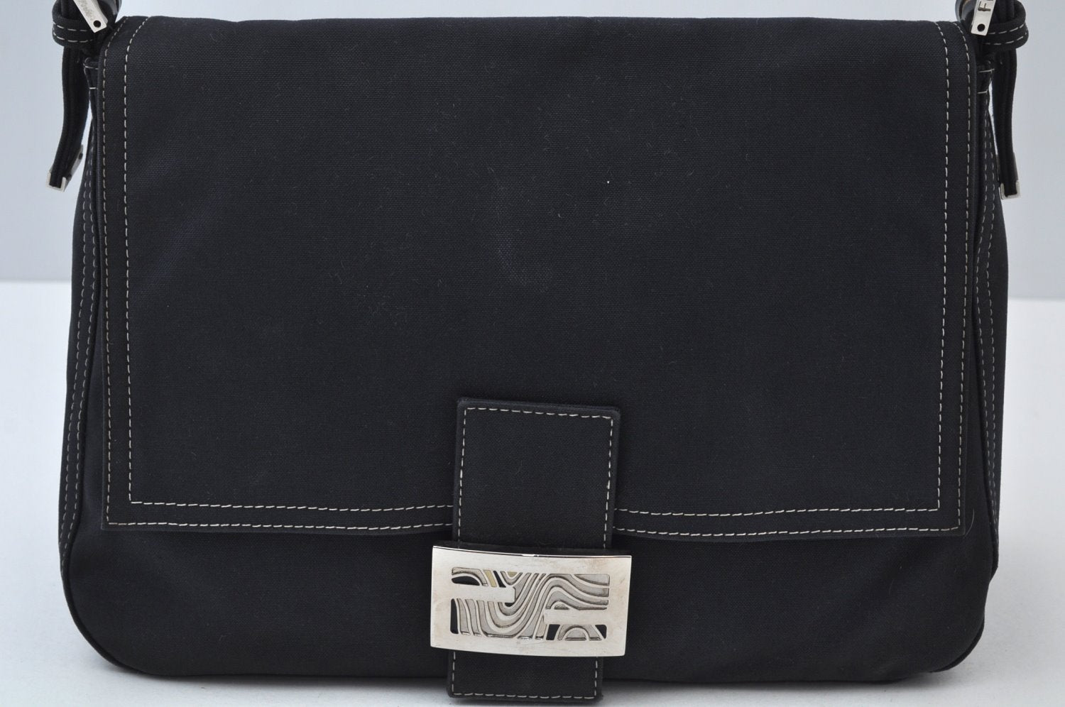 Authentic FENDI Mamma Baguette Shoulder Hand Bag Purse Canvas Navy Blue 2159I
