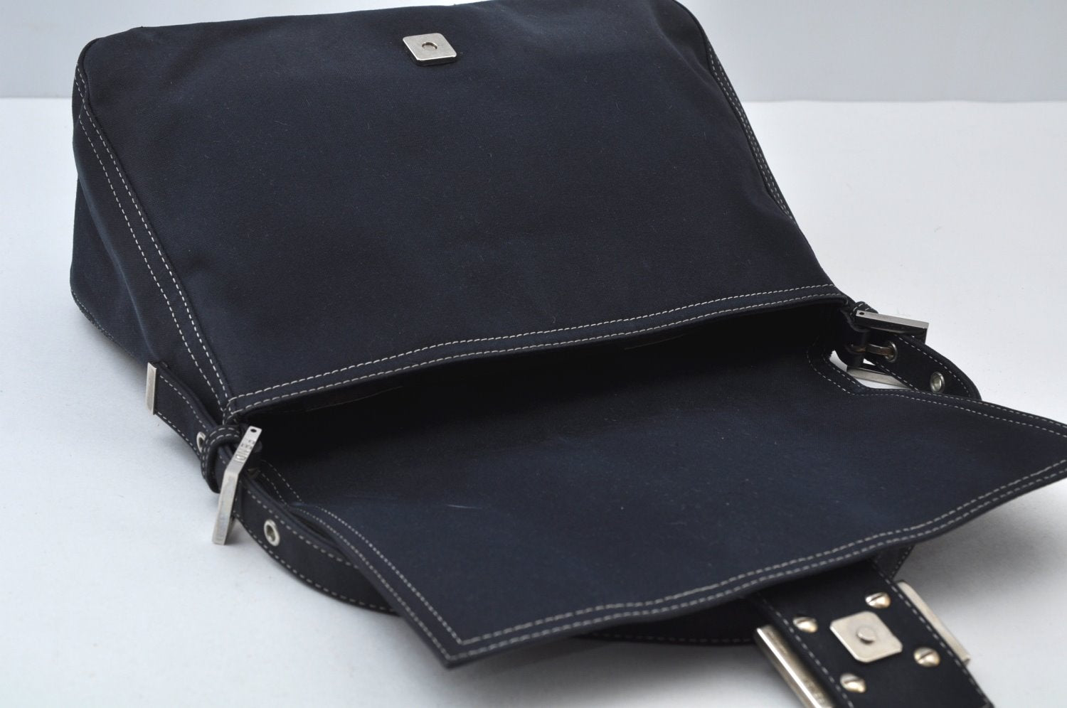 Authentic FENDI Mamma Baguette Shoulder Hand Bag Purse Canvas Navy Blue 2159I