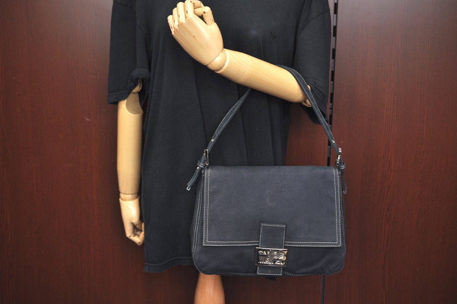 Authentic FENDI Mamma Baguette Shoulder Hand Bag Purse Canvas Navy Blue 2159I