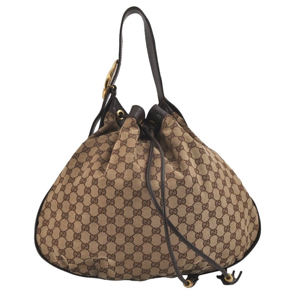 Authentic GUCCI Double G Drawstring Bag GG Canvas Leather 223951 Brown 2162J