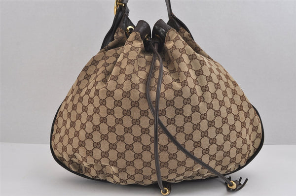 Authentic GUCCI Double G Drawstring Bag GG Canvas Leather 223951 Brown 2162J