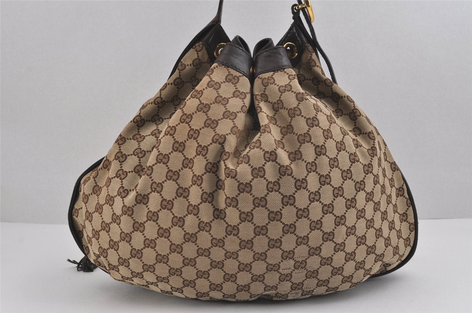 Authentic GUCCI Double G Drawstring Bag GG Canvas Leather 223951 Brown 2162J