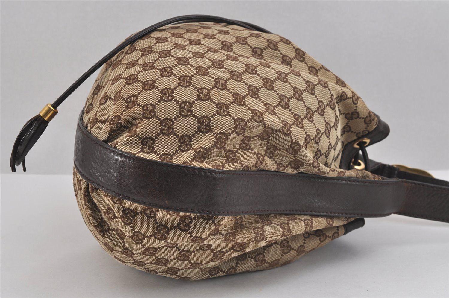 Authentic GUCCI Double G Drawstring Bag GG Canvas Leather 223951 Brown 2162J