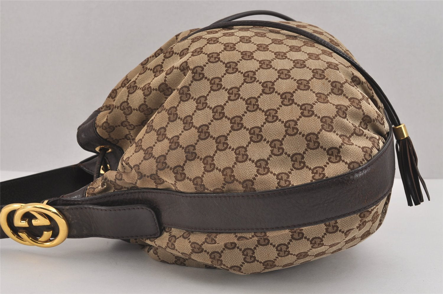 Authentic GUCCI Double G Drawstring Bag GG Canvas Leather 223951 Brown 2162J