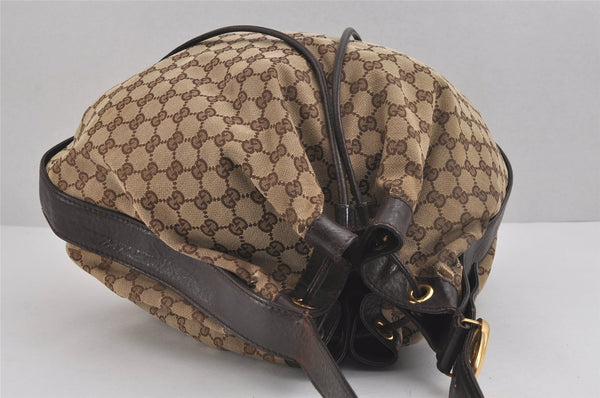 Authentic GUCCI Double G Drawstring Bag GG Canvas Leather 223951 Brown 2162J