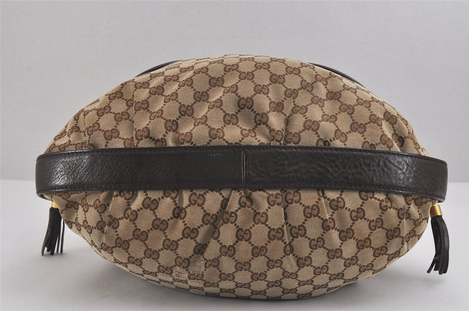 Authentic GUCCI Double G Drawstring Bag GG Canvas Leather 223951 Brown 2162J