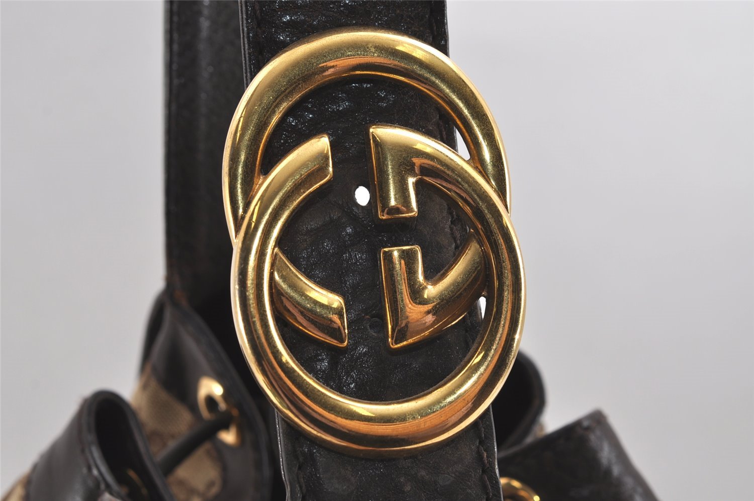 Authentic GUCCI Double G Drawstring Bag GG Canvas Leather 223951 Brown 2162J