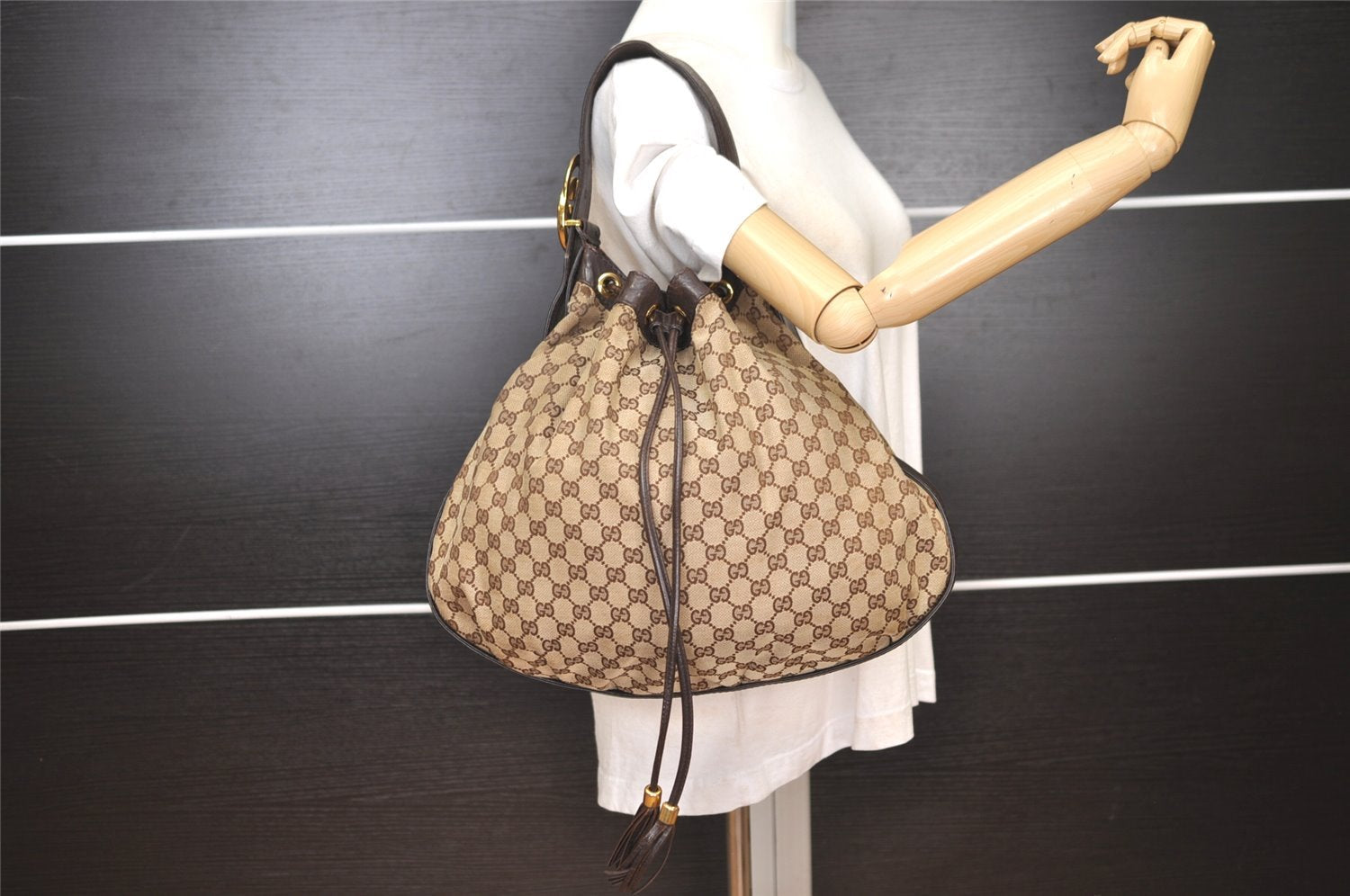 Authentic GUCCI Double G Drawstring Bag GG Canvas Leather 223951 Brown 2162J