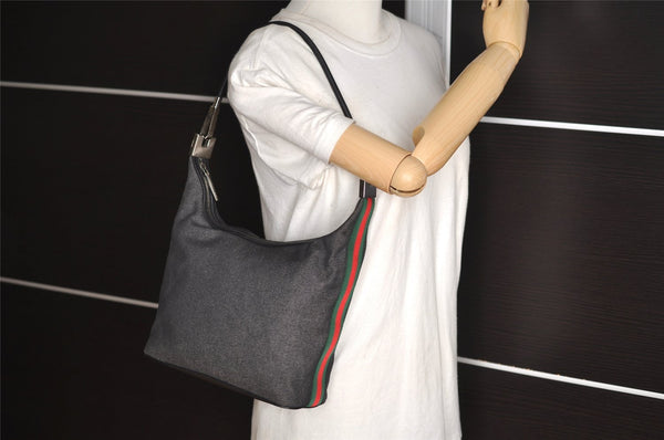 Authentic GUCCI Web Sherry Line Shoulder Bag Canvas Leather 01234 Black 2172I