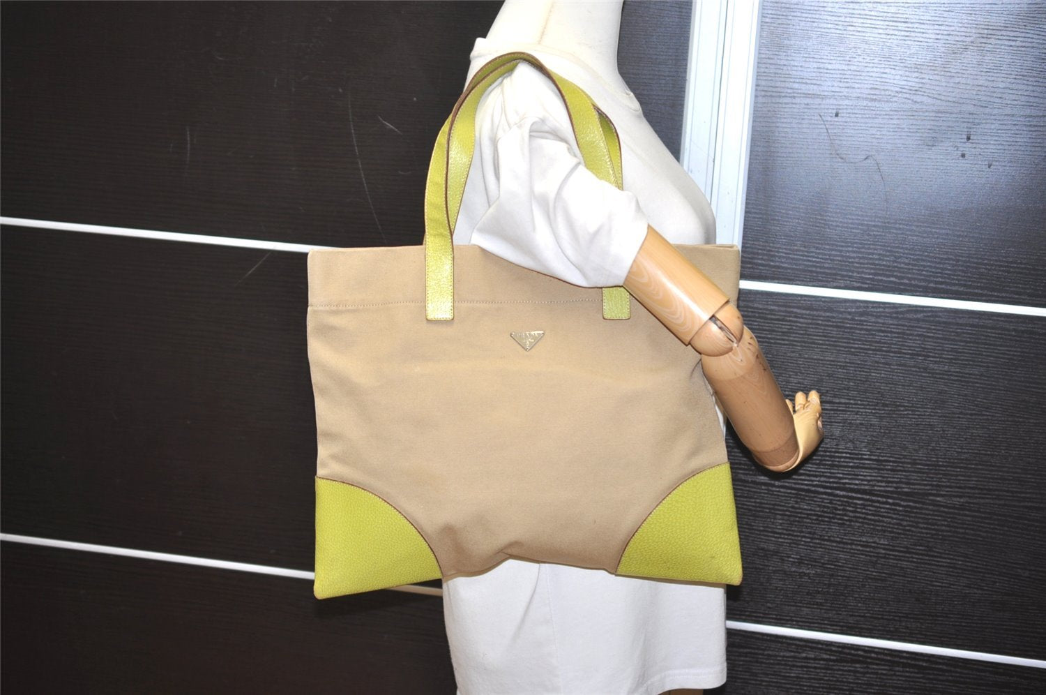 Authentic PRADA Vintage Canvas Leather Hand Tote Bag Beige 2182I