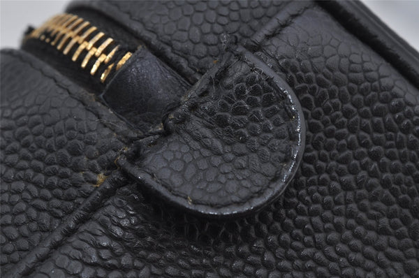 Authentic CHANEL Caviar Skin Vanity Cosmetic Hand Bag Purse Black CC 2182J