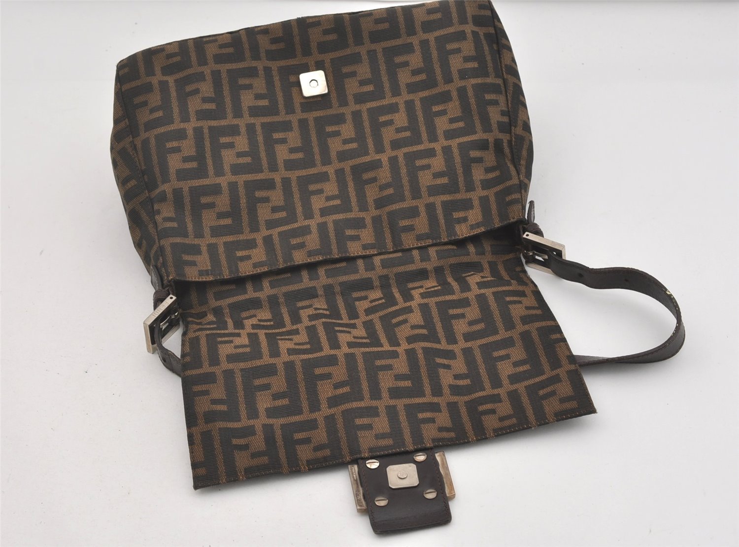 Authentic FENDI Zucca Mamma Baguette Shoulder Bag Canvas Leather Brown 2190I