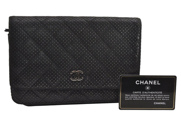 Authentic CHANEL Punching Calf Skin Matelasse Long Wallet Purse Black CC 2192J