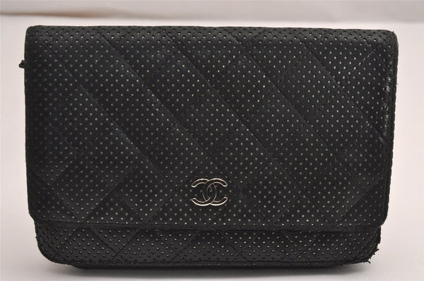 Authentic CHANEL Punching Calf Skin Matelasse Long Wallet Purse Black CC 2192J