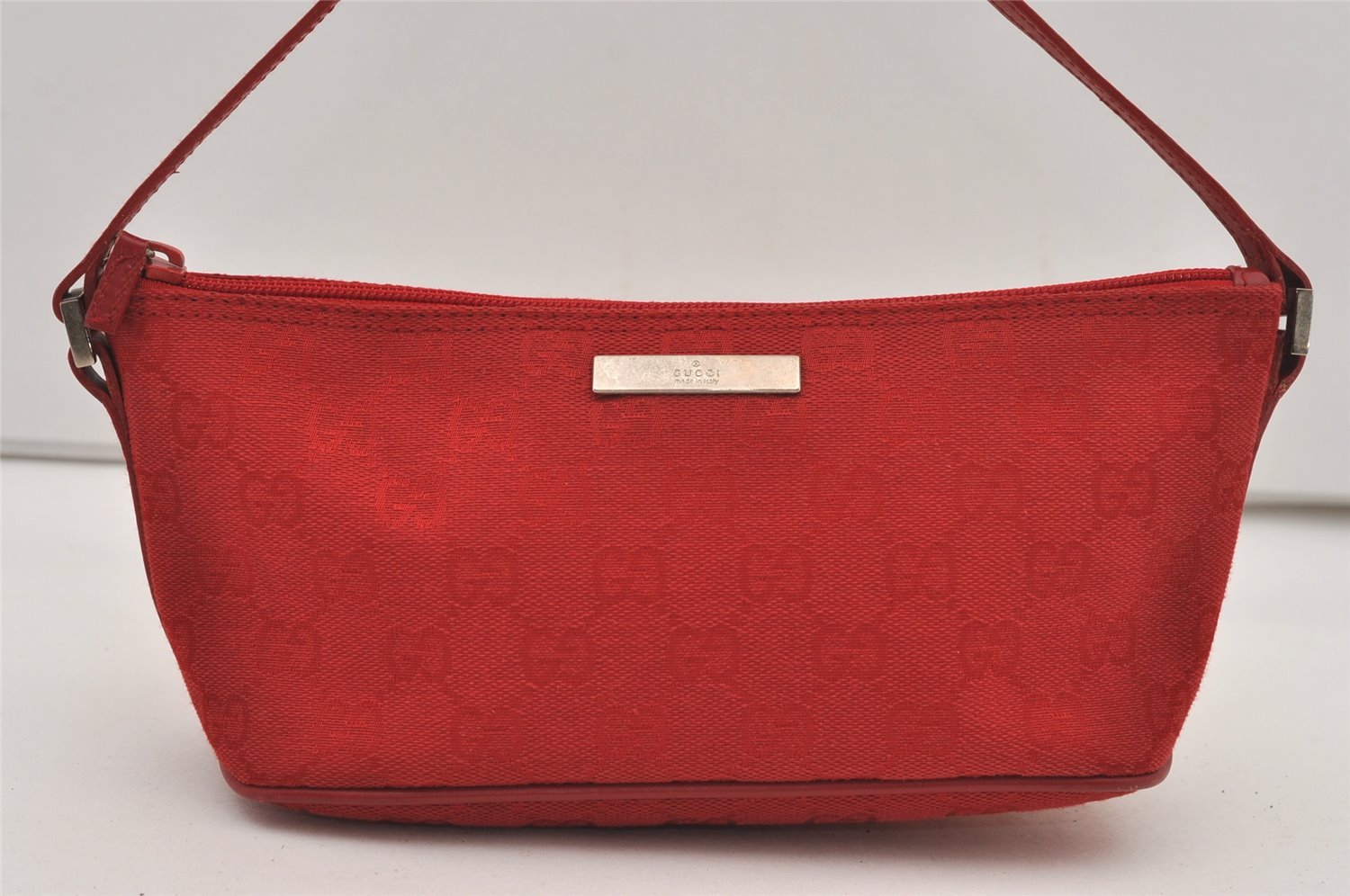 Authentic GUCCI Vintage Hand Bag Pouch Purse GG Canvas Leather 0391103 Red 2193J