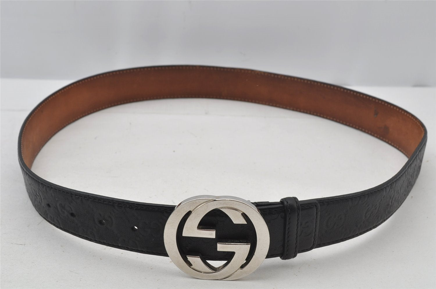 Auth GUCCI Guccissima Interlocking Belt GG Leather 95cm 37.4