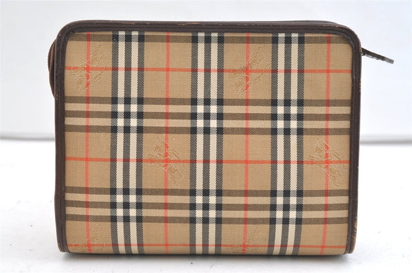 Authentic Burberrys Nova Check Clutch Hand Bag Purse Canvas Leather Beige 2199K
