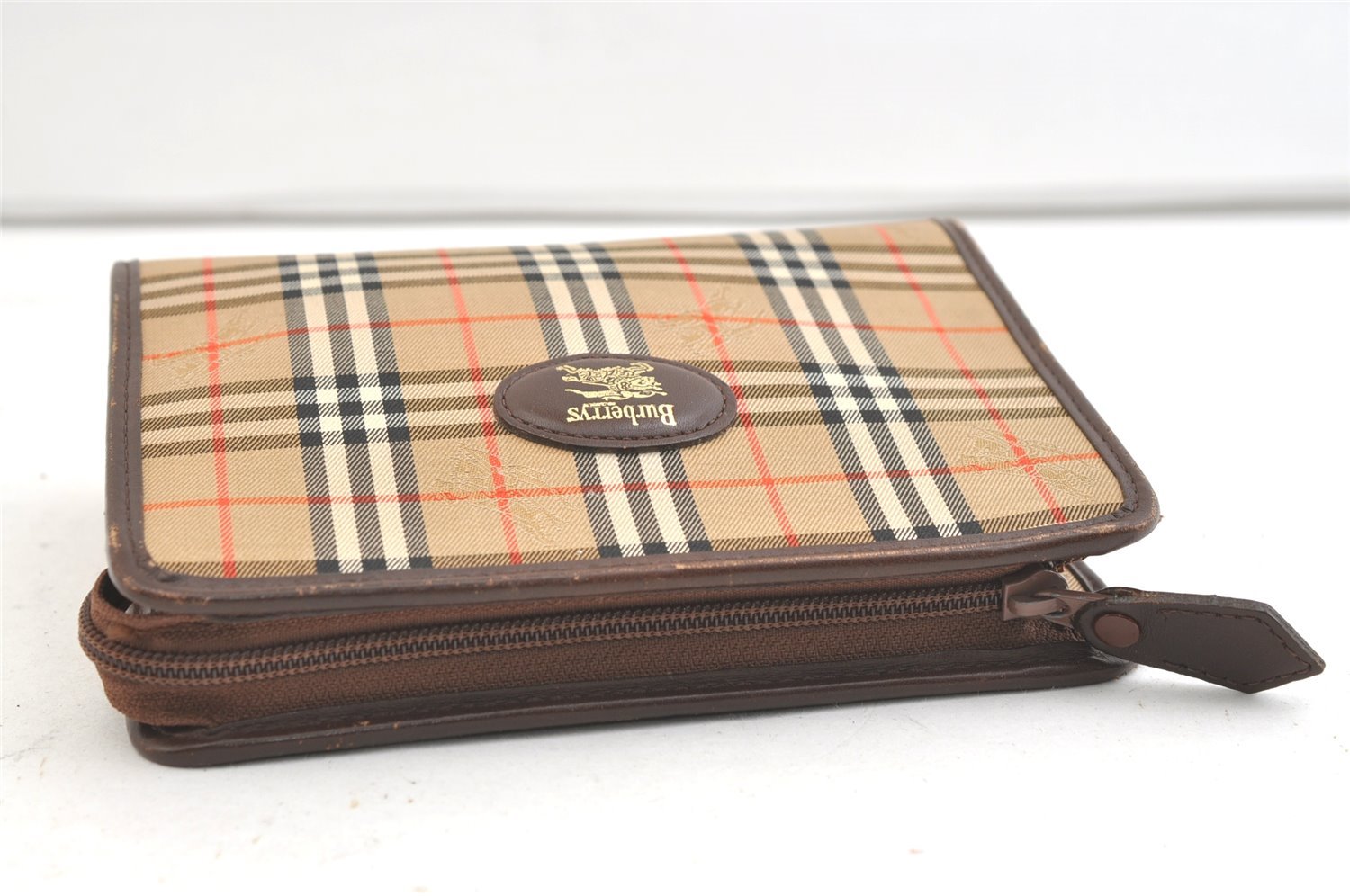 Authentic Burberrys Nova Check Clutch Hand Bag Purse Canvas Leather Beige 2199K