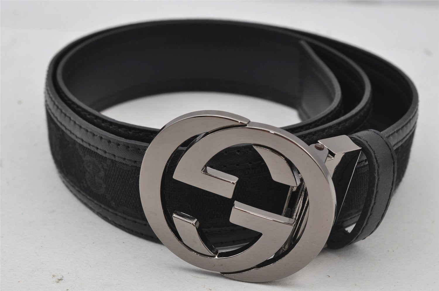 Authentic GUCCI Belt GG Canvas Leather 80-92cm 31.5-36.2