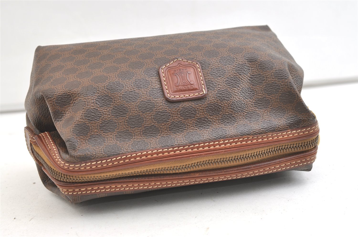 Authentic CELINE Macadam Blason Pattern Clutch Hand Bag PVC Leather Brown 2201K