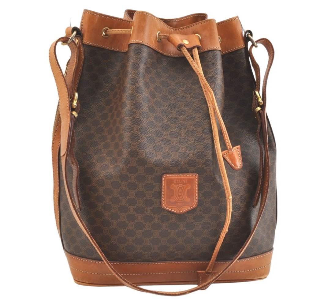 Authentic CELINE Macadam Blason Shoulder Drawstring Bag PVC Leather Brown 2202K