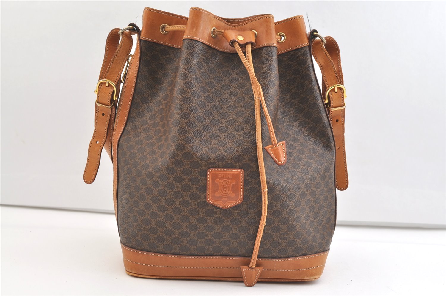 Authentic CELINE Macadam Blason Shoulder Drawstring Bag PVC Leather Brown 2202K