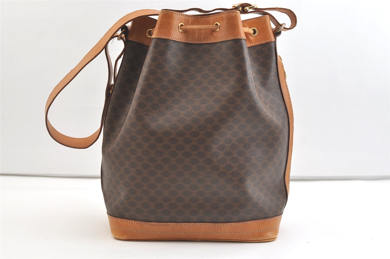 Authentic CELINE Macadam Blason Shoulder Drawstring Bag PVC Leather Brown 2202K