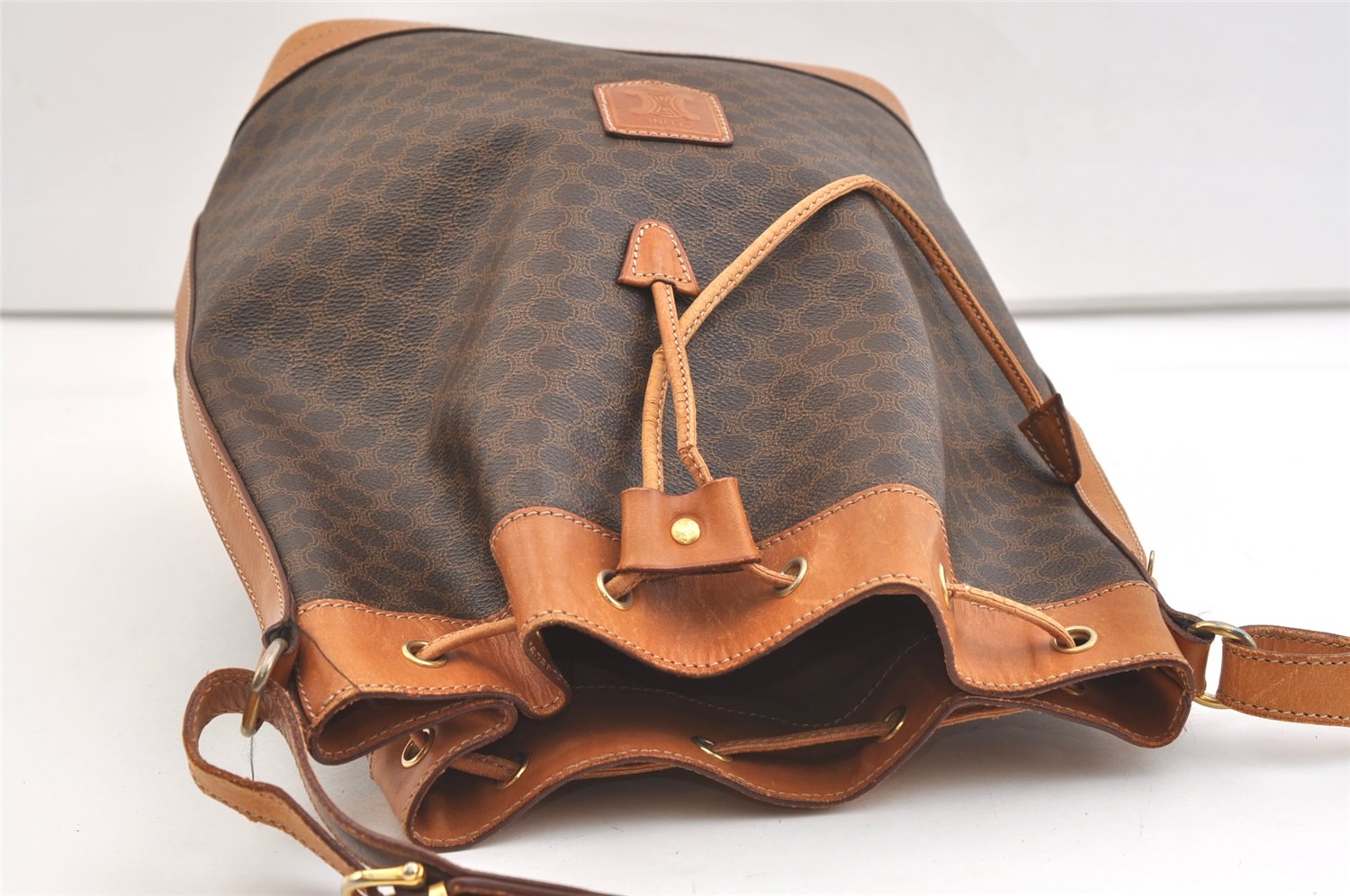 Authentic CELINE Macadam Blason Shoulder Drawstring Bag PVC Leather Brown 2202K