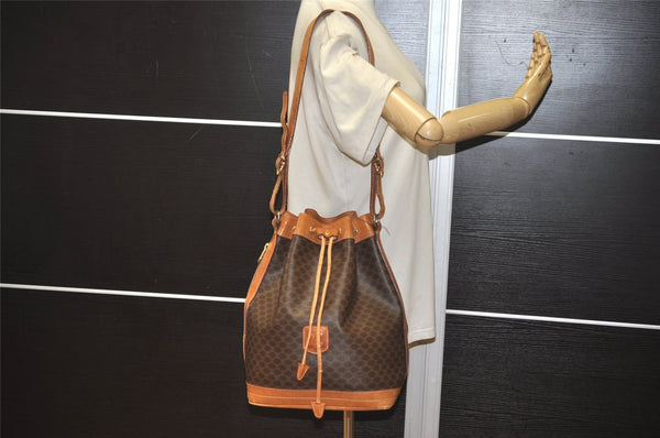Authentic CELINE Macadam Blason Shoulder Drawstring Bag PVC Leather Brown 2202K