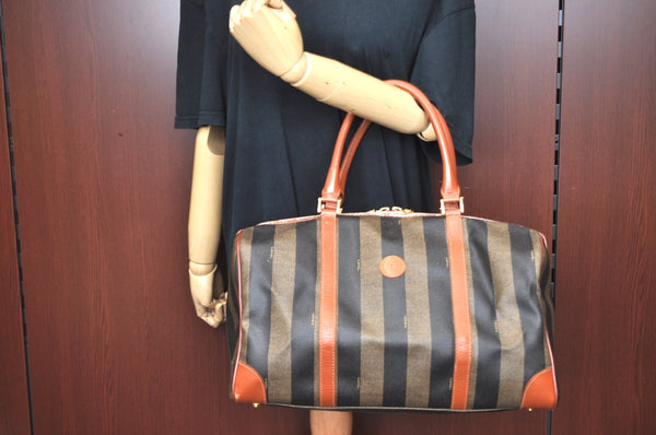 Authentic FENDI Pequin Pattern PVC Leather Travel Boston Bag Brown 2203H