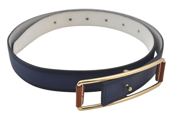 Authentic HERMES Leather Reversible Belt Size 75cm 29.5" Blue White 2203J