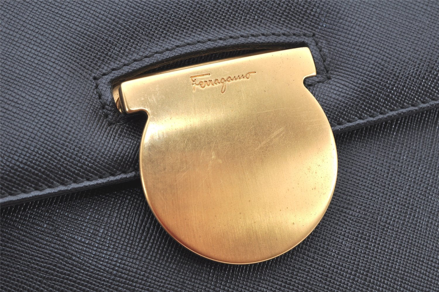 Authentic Salvatore Ferragamo Gancini Leather 2Way Shoulder Hand Bag Black 2204K