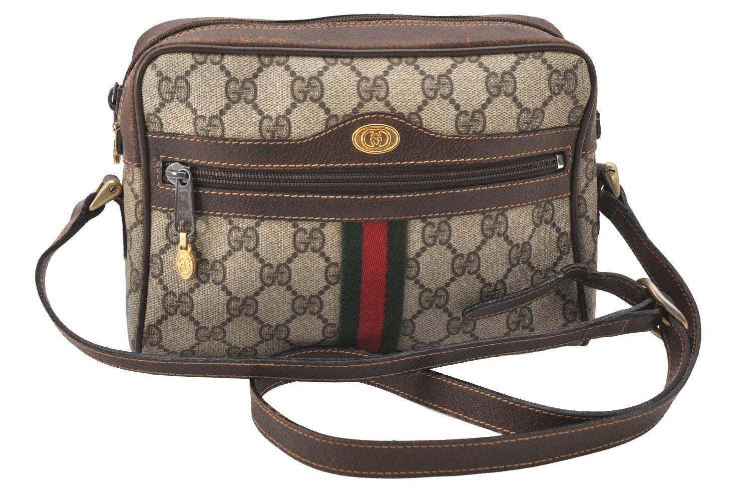 Authentic GUCCI Web Sherry Line Shoulder Bag GG PVC Leather Brown Junk 2208J