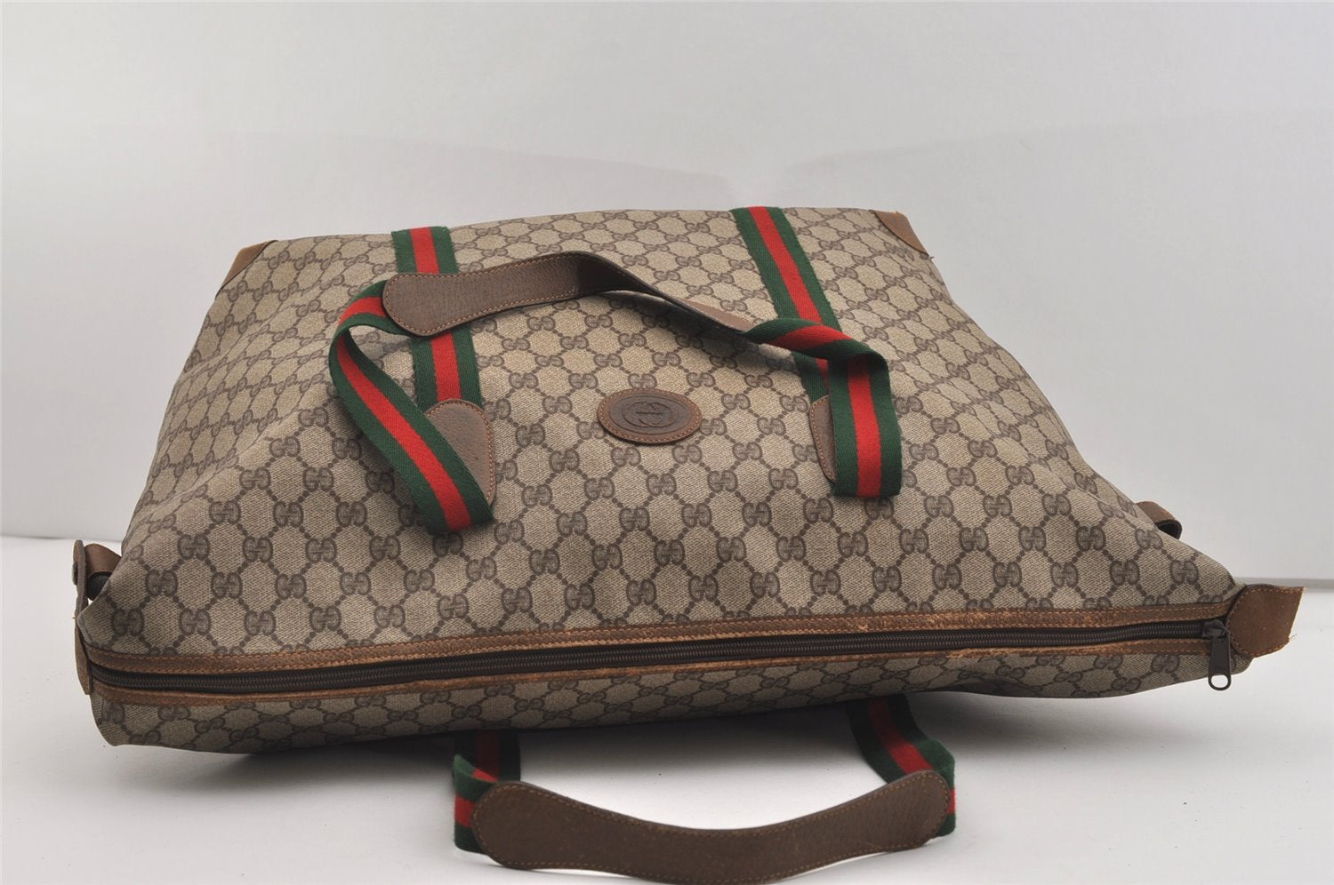 Authentic GUCCI Web Sherry Line Travel Boston Bag GG PVC Leather Brown 2209J