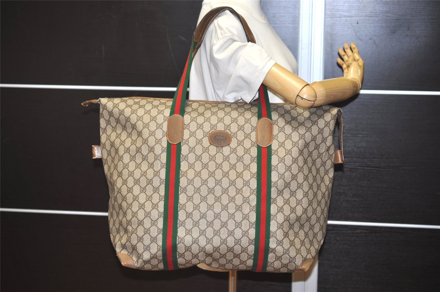 Authentic GUCCI Web Sherry Line Travel Boston Bag GG PVC Leather Brown 2209J