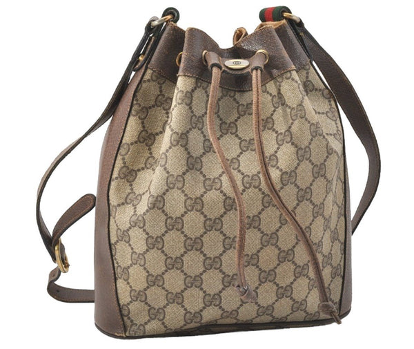 Authentic GUCCI Web Sherry Line Drawstring Bag GG PVC Leather Brown 2214J