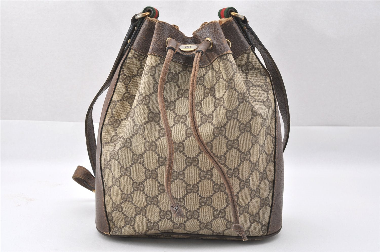 Authentic GUCCI Web Sherry Line Drawstring Bag GG PVC Leather Brown 2214J