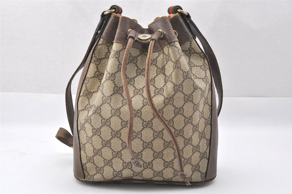 Authentic GUCCI Web Sherry Line Drawstring Bag GG PVC Leather Brown 2214J