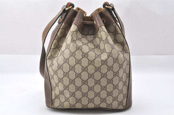 Authentic GUCCI Web Sherry Line Drawstring Bag GG PVC Leather Brown 2214J